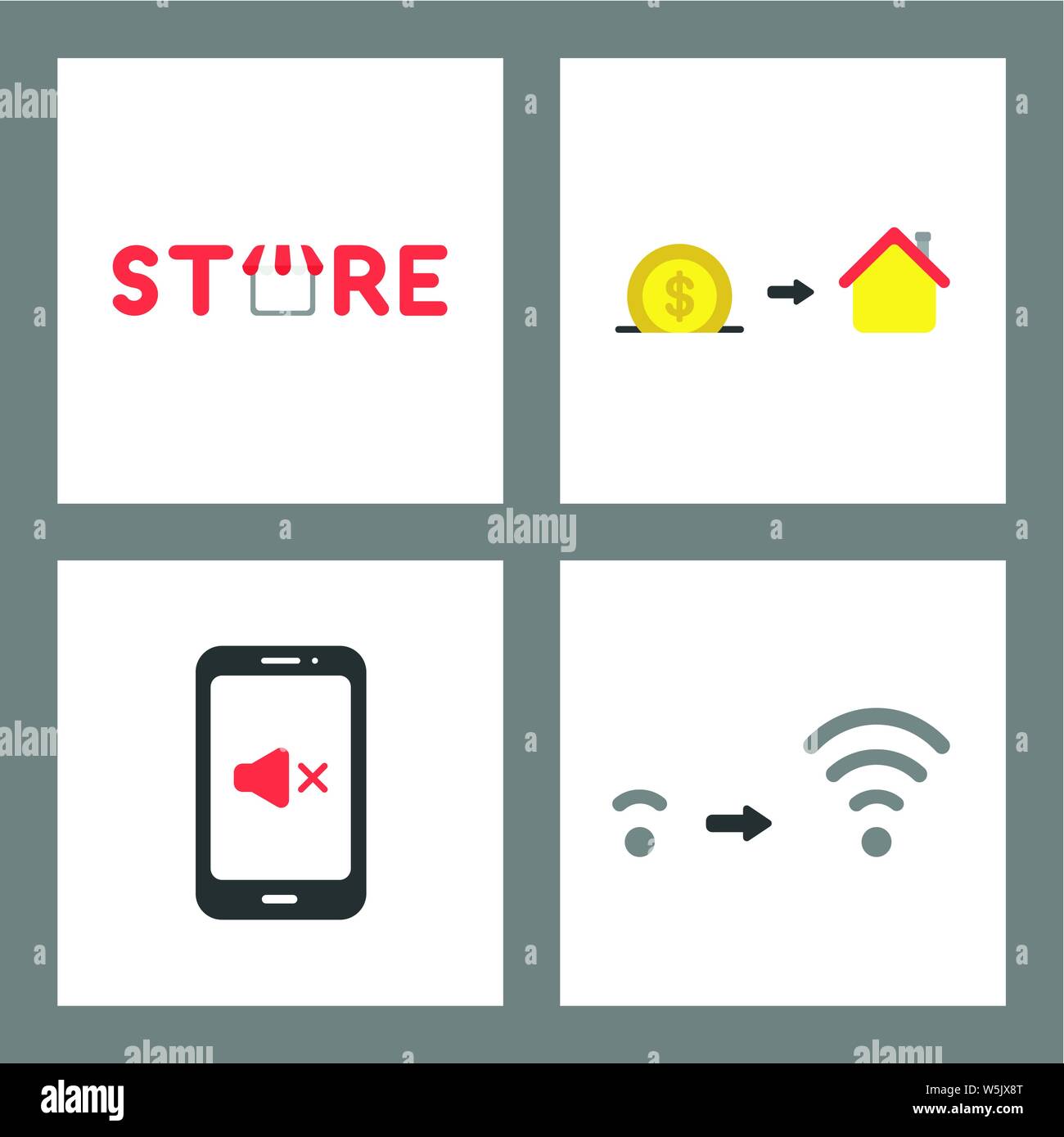Icône vecteur défini. concept Store, économiser de l'argent et acheter maison, smartphone sound off, augmentation du signal wifi. Illustration de Vecteur