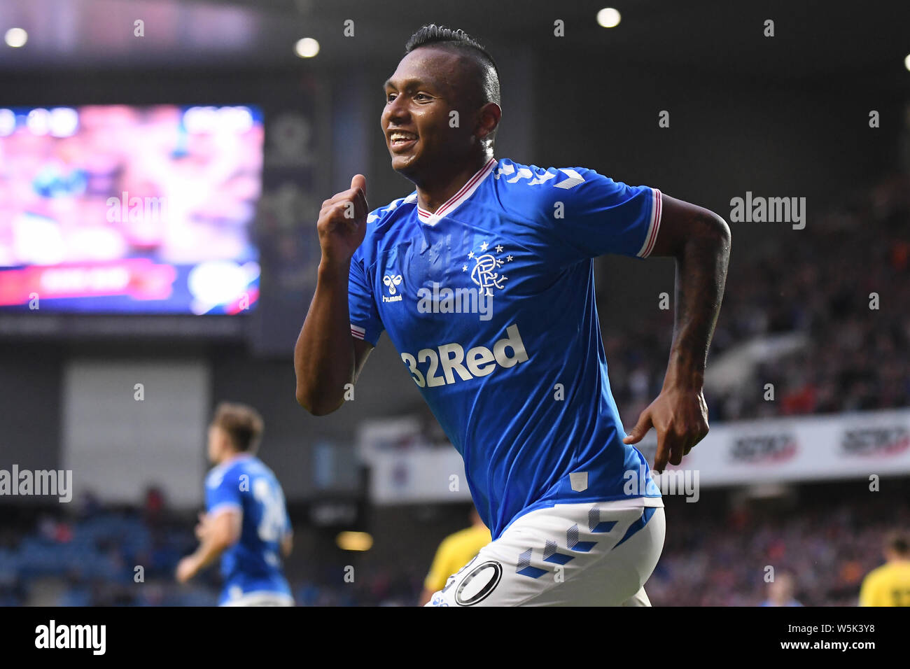 GLASGOW, ÉCOSSE - 18 juillet 2019 : Alfredo Morelos de Rangers célèbre après avoir marqué un hattrick lors de la 2e étape de l'UEFA Europa League 2019-2020 Premier tour de qualification match entre les Rangers FC (Ecosse) et St Joseph's FC (Gibraltar) à Ibrox Park. Banque D'Images