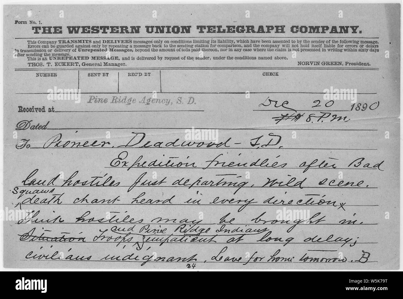Rapports scène Brooke sauvage et chaos ; Portée et contenu : c'est document s'applique aux : Correspondance entre les officiers au sujet de Wounded Knee tragédie. Le 24 novembre 1890 au 24 janvier 1891. Notes générales : Sitting Bull a été tué le 20 décembre 1890. Chant de mort squaws entendu dans tous les sens. Banque D'Images