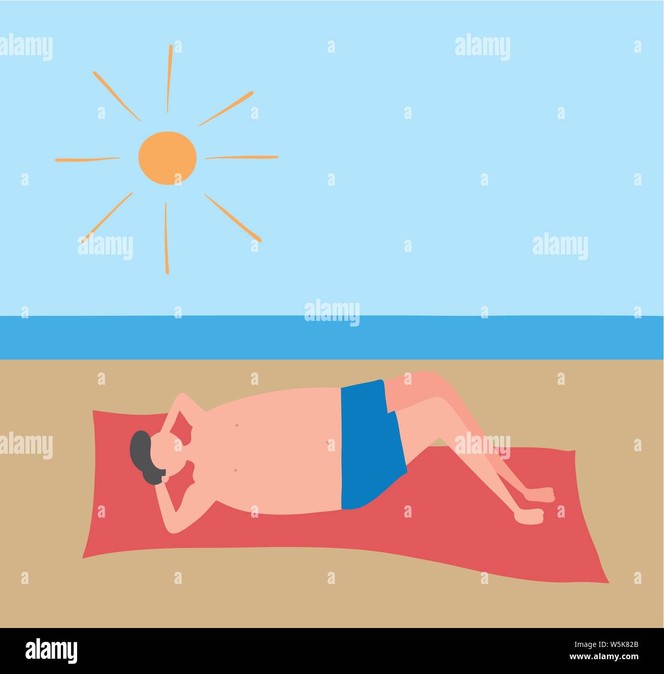 L'homme couché sur la plage, vector illustration dessinée à la main. Télévision couleur style. Illustration de Vecteur