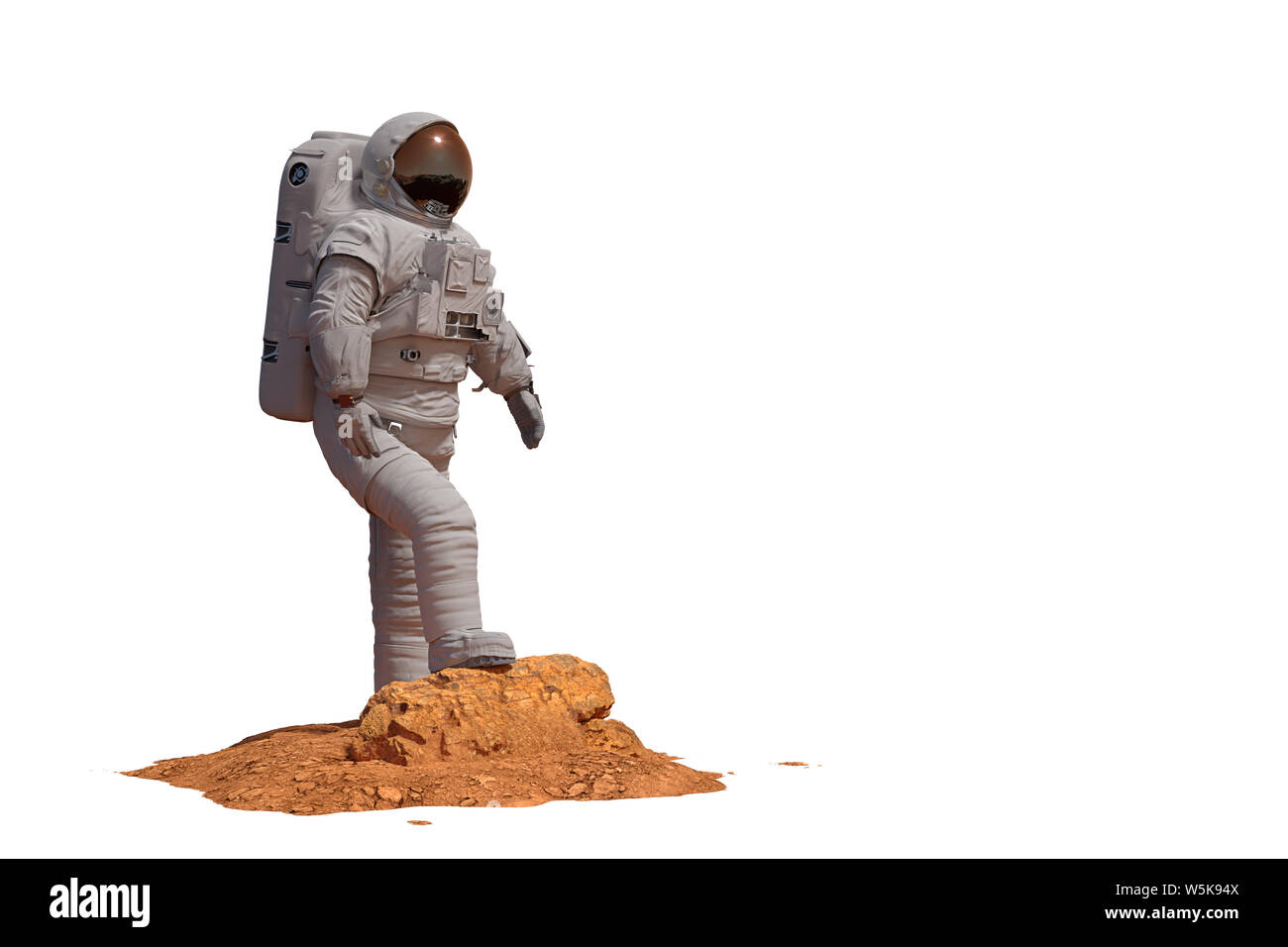 Astronaute sur la planète Mars, isolé sur fond blanc (science 3D render) Banque D'Images
