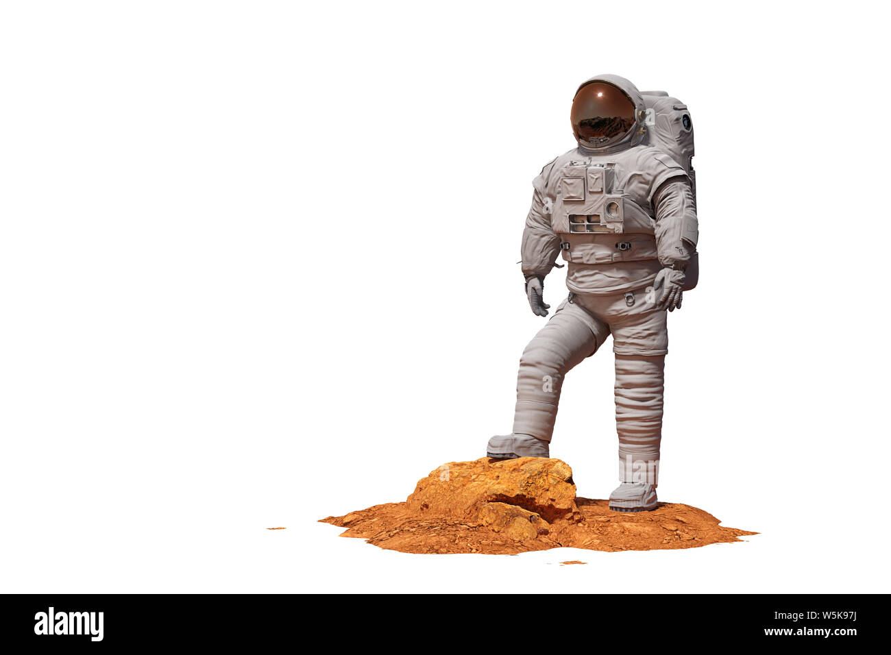 Astronaute sur la planète Mars, isolé sur fond blanc (3d illustration scientifique) Banque D'Images
