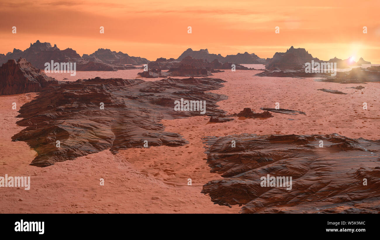 Paysage sur la planète Mars, le pittoresque scène de désert sur la planète rouge. Banque D'Images