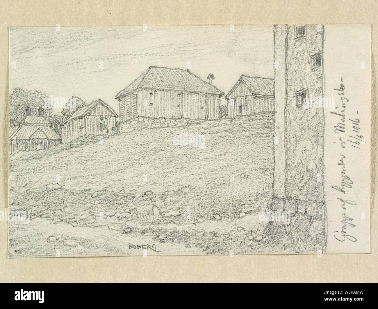 Dalarna, Malingsbo sn. Grupp byggnader Malingsbo af vid . Teckning av Ferdinand Boberg - Nordiska museet - NMA.0088777. Banque D'Images