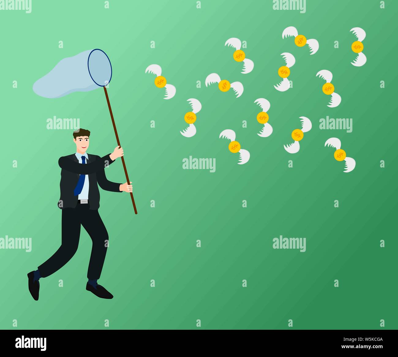 Businessman essayant d'attraper le vol de l'argent avec butterfly net , vector cartoon Illustration de Vecteur
