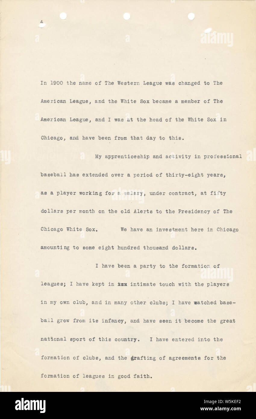 Charles Comiskey Affidavit, 01/14/1915 - 01/14/1915 ; note que le fichier TIFF original n'a pas pu être localisé pour la page 1, de sorte qu'il a été fourni sous la forme d'un plus petit JPG. Portée et contenu : Ce point est l'affidavit de Charles Comiskey, propriétaire des Chicago White Sox. L'affidavit est une histoire de sa carrière dans le baseball, en commençant par son jeu jours et jusqu'à son droit de propriété sur les White Sox. Il détails ses actions contractuelles avec des joueurs qui ont participé à l'action en signant des contrats avec plusieurs équipes. L'affidavit comprend le nom de la cour, nombre de cas et titl Banque D'Images