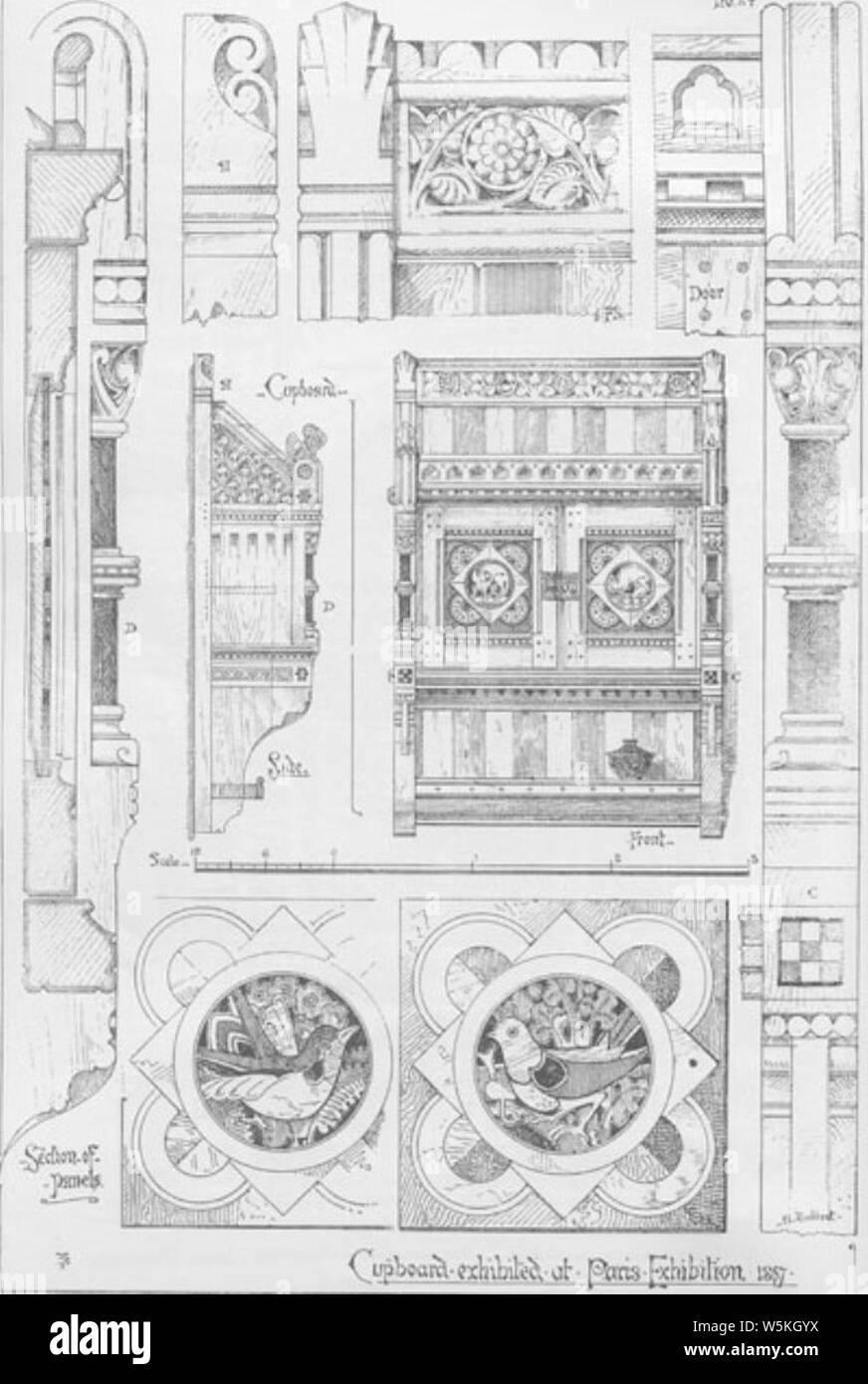 Placard exposé-at-Paris-Exhibition Gothic-Forms--1867-appliquée à des meubles. Banque D'Images