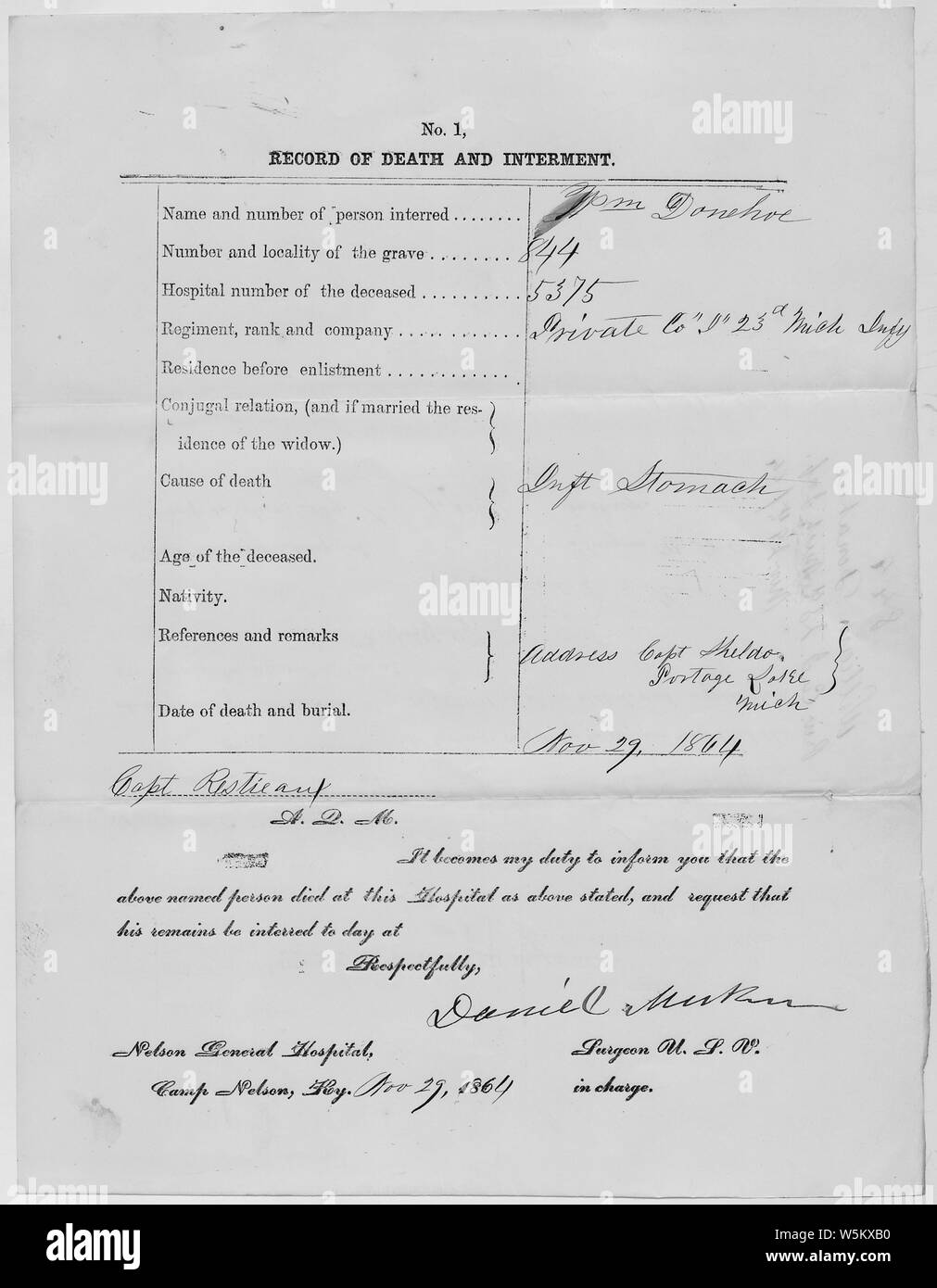 La mort et l'Enterrement Record pour William Donehoe ; Portée et contenu : Classement : Privé Public : Michigan : 23 Régiment d'infanterie : Direction générale de l'unité : Unité complète je la désignation : I, 23e Michigan Date de décès : 11/29/1864 Numéro : 0844 sépulture notes générales : Notez que seulement une partie de ce document a été numérisé et mis en ligne. Banque D'Images