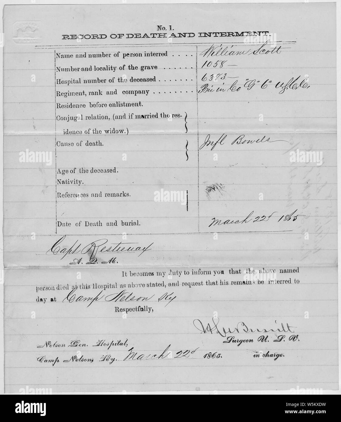 La mort et l'Enterrement Record pour William Scott ; Portée et contenu : Classement : Régiment privé : 6 : Direction générale des troupes de couleur des Etats-Unis (Réguliers) Unité : Unité : Désignation complète G G, 6e États-unis Troupes de couleur (Réguliers) Date de décès : 03/22/1865 Numéro : 1058 sépulture notes générales : Notez que seulement une partie de ce document a été numérisé et mis en ligne. Banque D'Images