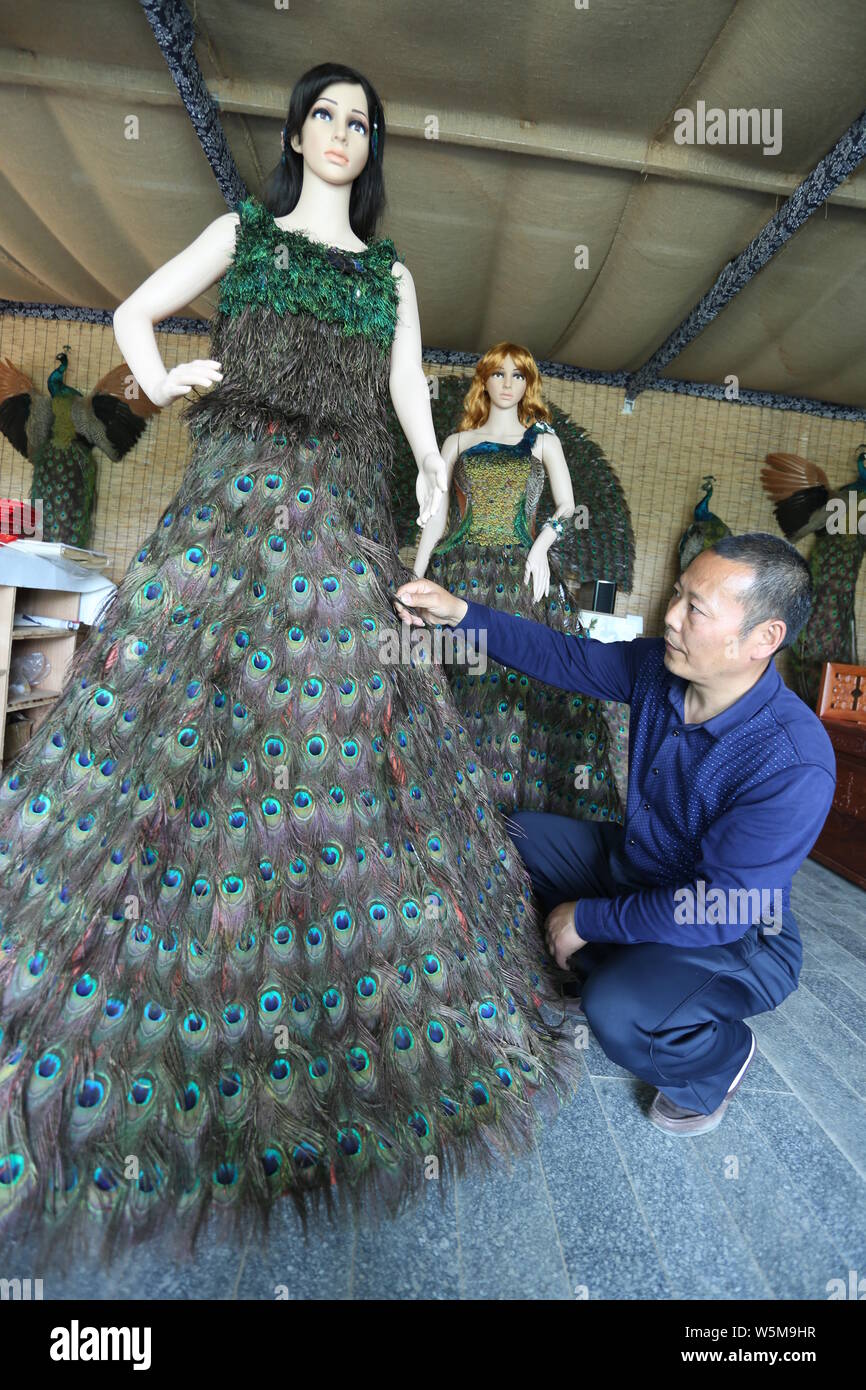 Propriétaire de la ferme chinoise Xia Linrong affiche une robe faite de  plumes de paon en de'an, ville de la Chine de l'Est, la province de  Jiangxi, 16 Photo Stock - Alamy