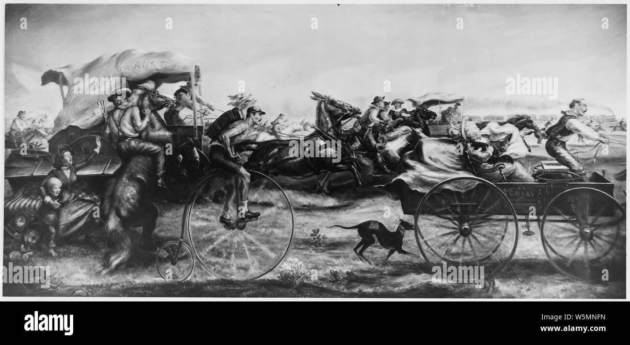 L'Oklahoma Land Rush, le 22 avril 1889. John Steuart Curry, artiste. A commandé 1937, installé en 1939.[1]:AFSF LRR:Peintures et Sculptures pour les bâtiments publics. Tableau représentant la race impliquant des personnes dans les wagons, à cheval, et un vélo pour jalonner des claims sur des parcelles. L'un des dit du canevas de chariot Montana ou buste. Bâtiment et lieu non identifié. Banque D'Images