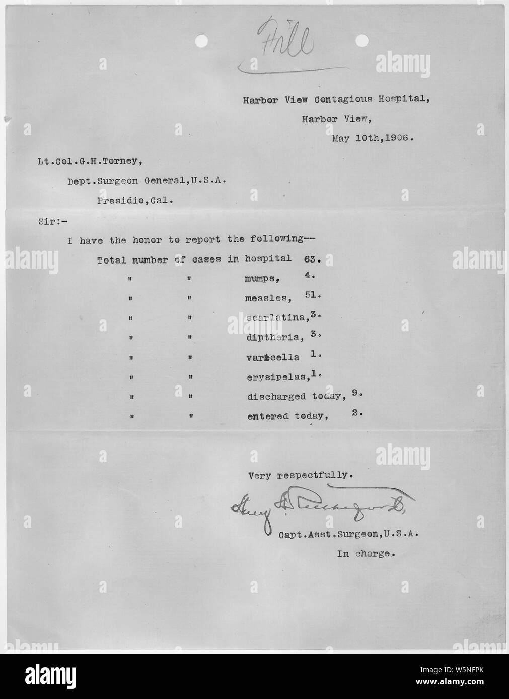 Vue sur le port de l'hôpital contagieuse. Rapport de cas, en réponse à San Francisco 1906 Tremblements de terre et d'incendies, de Captain Rutherford, chef adjoint des États-Unis, au Lieutenant-colonel G.H. Torney, chef adjoint, USA, Presidio, Californie ; Portée et contenu : Ce document s'applique à la réponse fédérale à la tremblement de terre de San Francisco de 1906 et l'incendie. Il a été créé à l'Harbour View Sanitorium une institution en vertu de la compétence de l'armée au cours de la période suivant le séisme. Banque D'Images