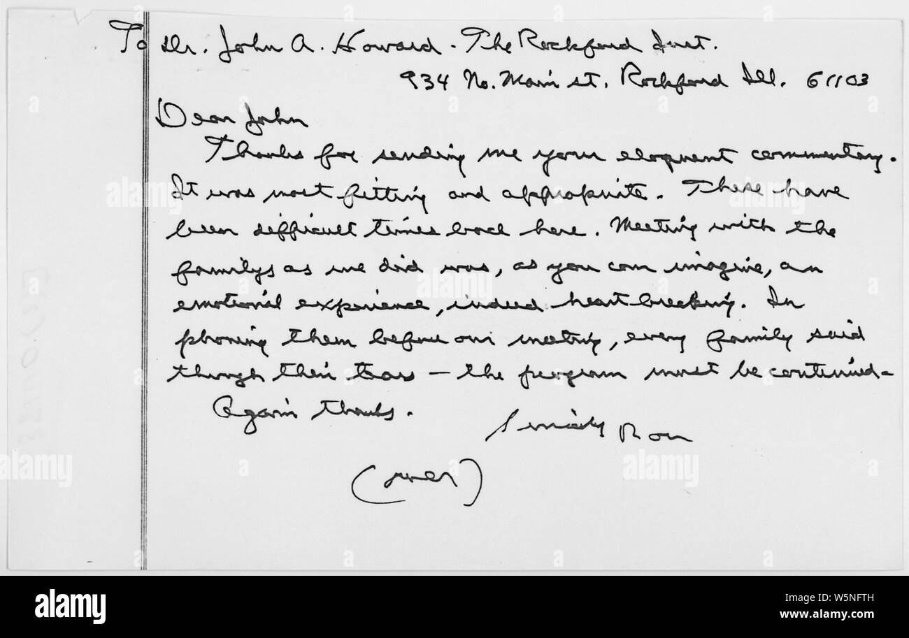 Version manuscrite de lettre de Ronald Reagan au Dr John A. Howard, concernant l'accident de la navette spatiale Challenger ; Portée et contenu : Ronald Reagan la version manuscrite de la lettre qui a été envoyée en réponse à Howard's newspaper commentaires concernant la catastrophe du Challenger. Banque D'Images
