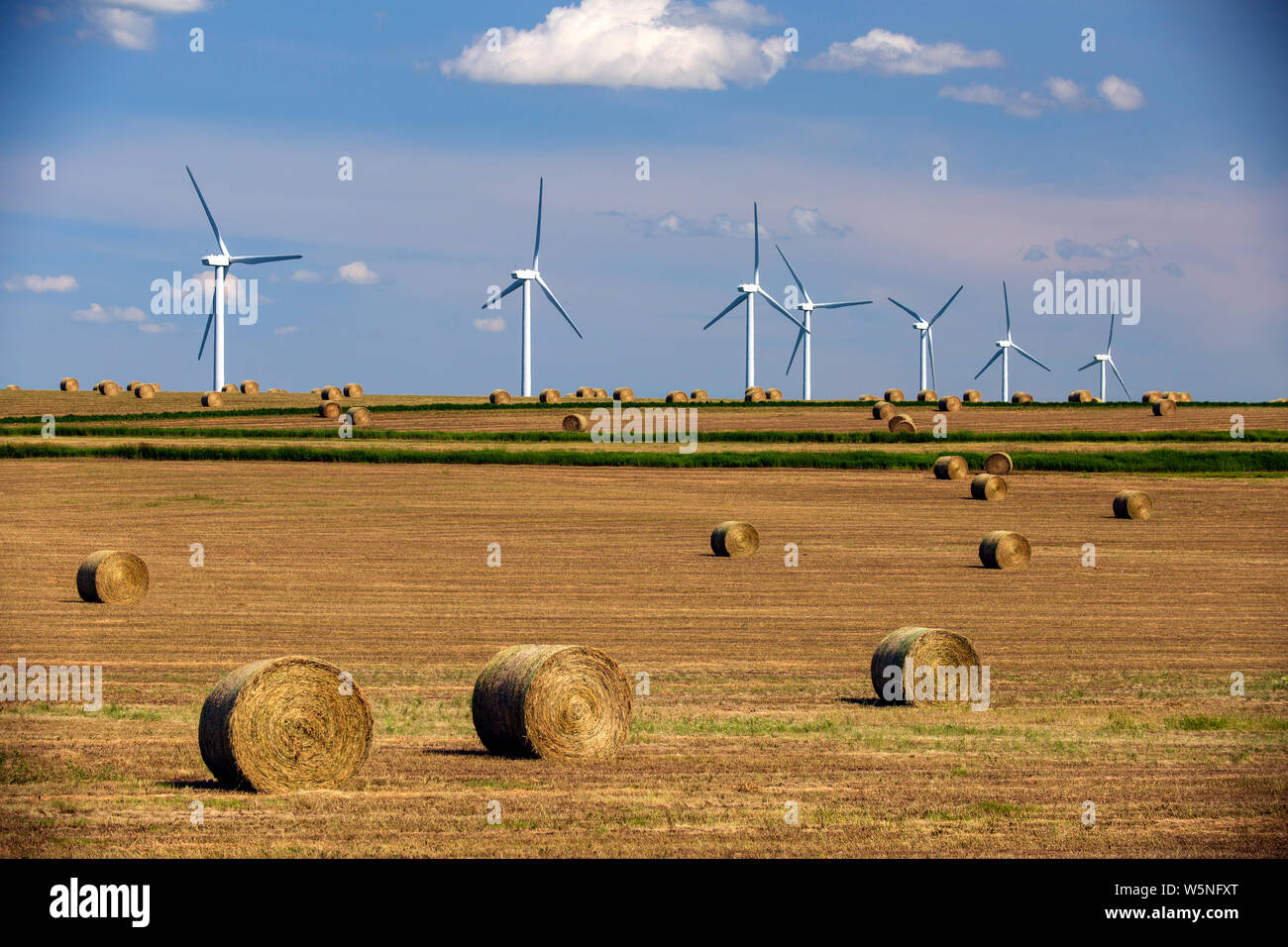 L'énergie renouvelable éoliennes dans un champ agricole récoltés avec des bottes de foin dans les prairies de l'Alberta, Canada. Banque D'Images