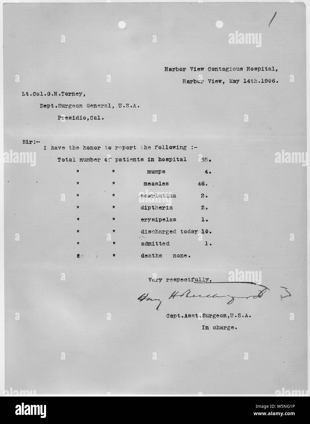 Vue sur le port de l'hôpital contagieuse. Rapport de cas, en réponse à San Francisco 1906 Tremblements de terre et d'incendies, de Captain Rutherford, chef adjoint des États-Unis, au Lieutenant-colonel G.H. Torney, chef adjoint, USA, Presidio, Californie ; Portée et contenu : Ce document s'applique à la réponse fédérale à la tremblement de terre de San Francisco de 1906 et l'incendie. Il a été créé à l'Harbour View Sanitorium une institution en vertu de la compétence de l'armée au cours de la période suivant le séisme. Banque D'Images