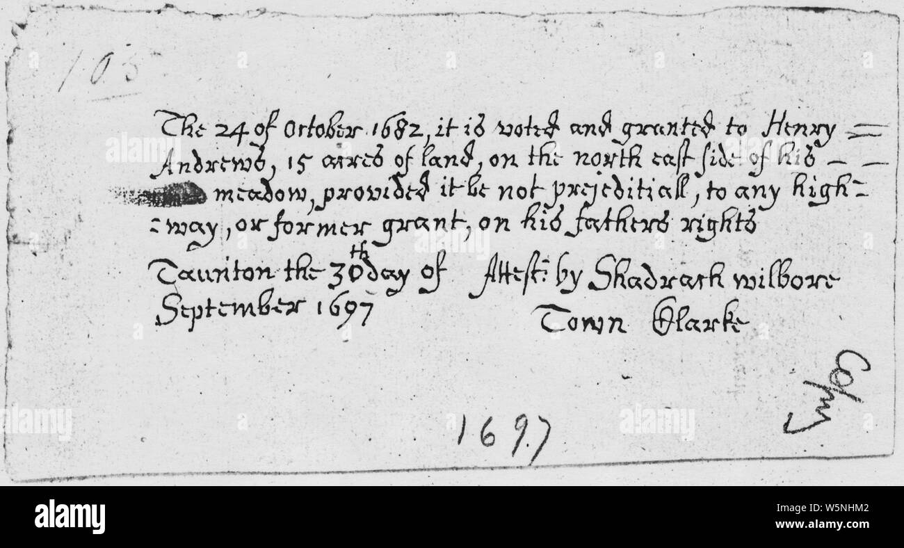 Henry Andrews Grant des soumissions le 30 septembre, 1697 ; Portée et contenu : Bid subvention à Henry Andrews pour 15 acres de terre. Banque D'Images