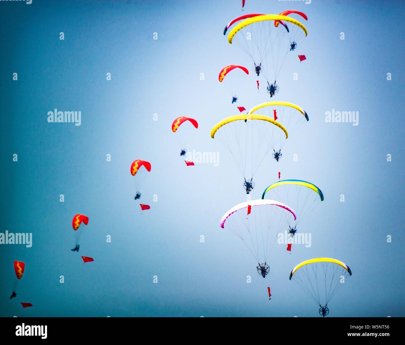 Un participant effectue le saut en parachute lors de la cérémonie d'ouverture du monde 2019 fly-in Expo à Wuhan, province du Hubei en Chine centrale, 18 mai 2 Banque D'Images