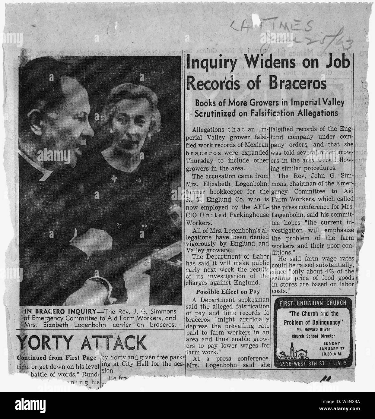 Enquête sur des dossiers de travail élargit Braceros/livres de plus de producteurs de l'Imperial Valley à la loupe sur la falsification des allégations de Los Angeles Times (texte et photographie). ; Portée et contenu : Ce document est lié à la programme Bracero, un programme de travail parrainé par le gouvernement fédéral au cours des années 1950-début des années 1960, selon lequel les travailleurs migrants migratoires/du Mexique ont été fournis pour les saisonniers agricoles, principalement l'emploi, souvent dans les exploitations des producteurs Californa. Le document donne un aperçu des hispanique/latino/de l'immigration et du travail mexicain de l'histoire, y compris les controverses qui fait surface au cours de la ferme Banque D'Images