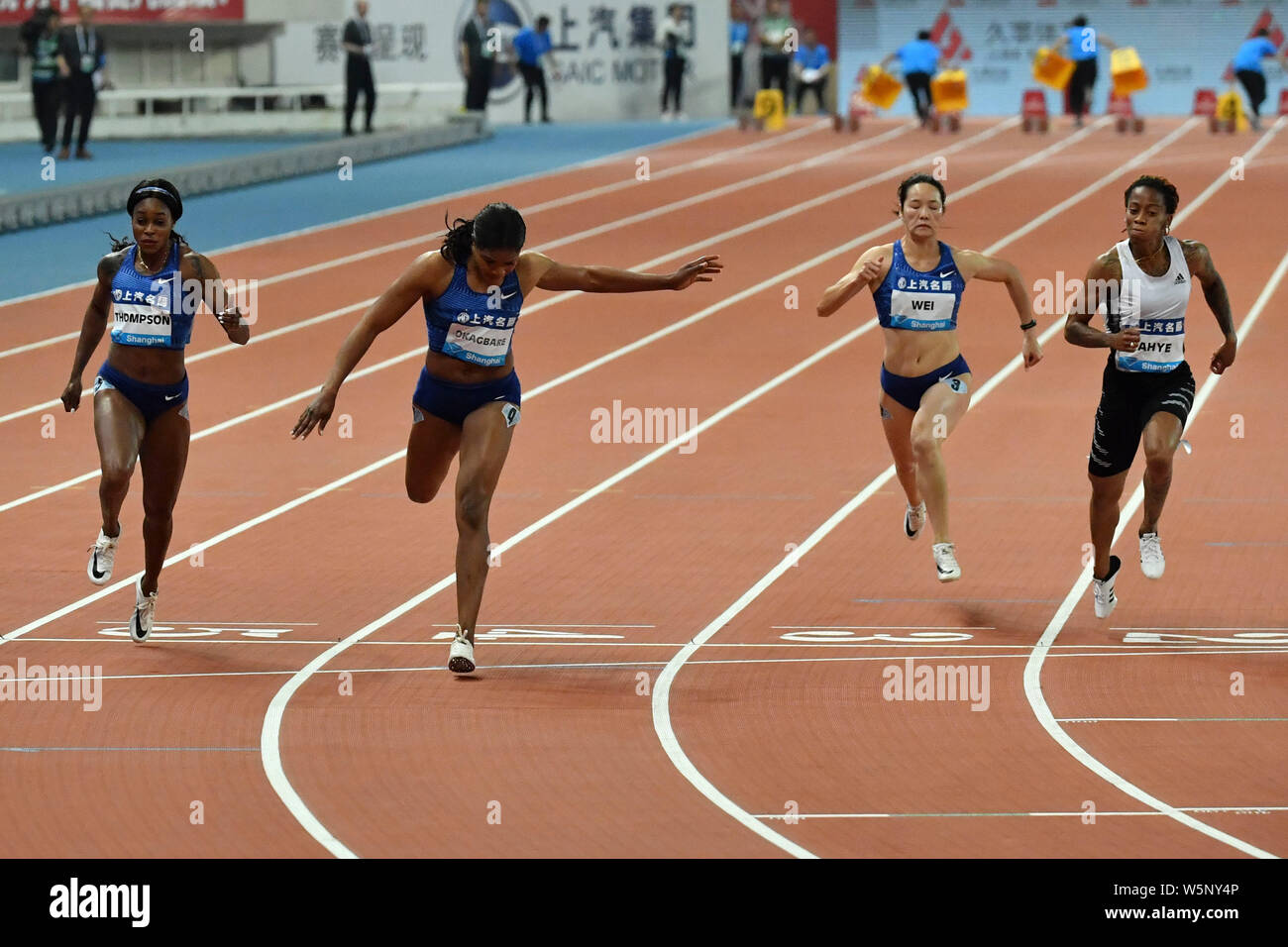 Glissières de la concurrence sur le 100m femmes pendant l'IAAF Diamond League Shanghai à Shanghai, Chine, 18 mai 2019. Banque D'Images