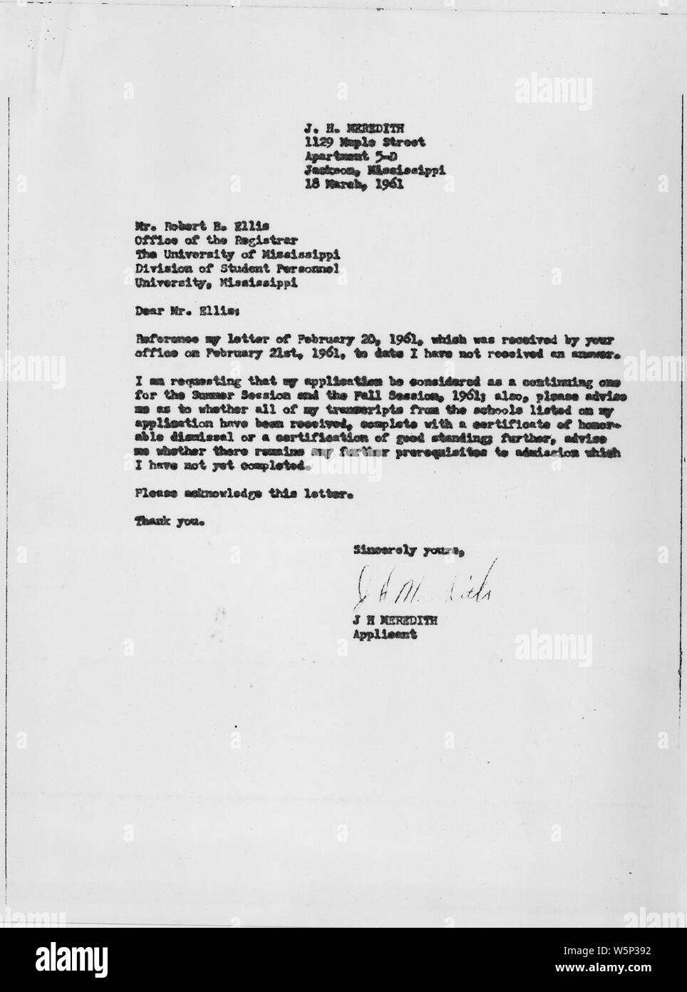 La Lettre de James Meredith au registraire, Université du Mississippi le 18 mars 1961 ; Portée et contenu : la Lettre de James Meredith concernant son application à l'Université du Mississippi. Notes générales : Kennedy,John F. Banque D'Images