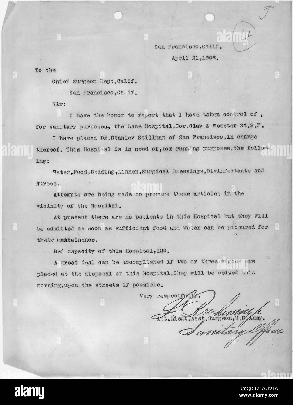 Lettre du 1er Lieutenant-chef adjoint, San Francisco CA au chirurgien en chef, ministère de la Californie, San Francisco, Californie 21 avril 1906 ; la portée et contenu : Ce document s'applique à la réponse fédérale à la tremblement de terre de San Francisco de 1906 et l'incendie. Banque D'Images