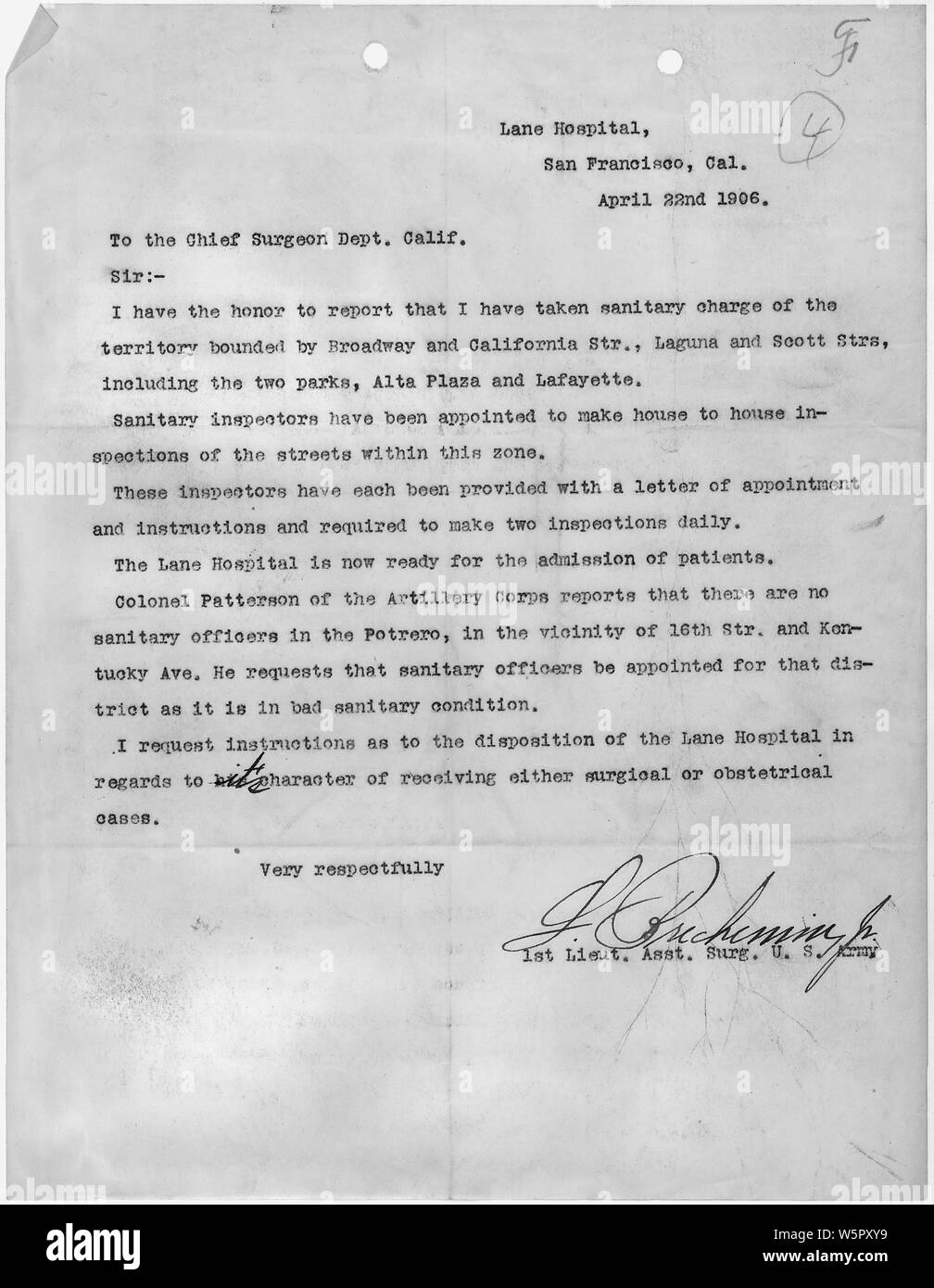 Lettre du 1er lieutenant, chef adjoint au chef de l'Armée US Surgeon General, Californie, envoyé de Lane, l'hôpital San Francisco le 22 avril 1966 ; la portée et contenu : Ce document s'applique à la réponse fédérale à la tremblement de terre de San Francisco de 1906 et l'incendie. Banque D'Images