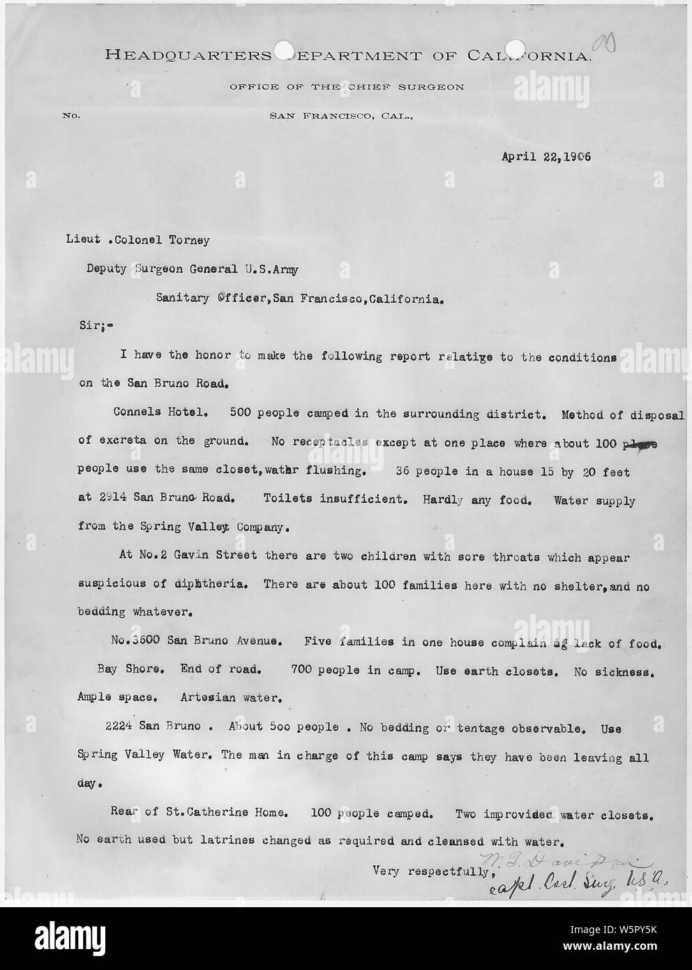 Lettre du Chirurgien général adjoint au ministère de l'Administration centrale de Californie, Ofrfice du chirurgien en chef, San Francisco CA au Lieutenant-colonel Torney, chef adjoint, US Army, agent sanitaire, San Francisco Californie, le 22 avril 1906 ; la portée et contenu : Ce document s'applique à la réponse fédérale à la tremblement de terre de San Francisco de 1906 et l'incendie. Banque D'Images