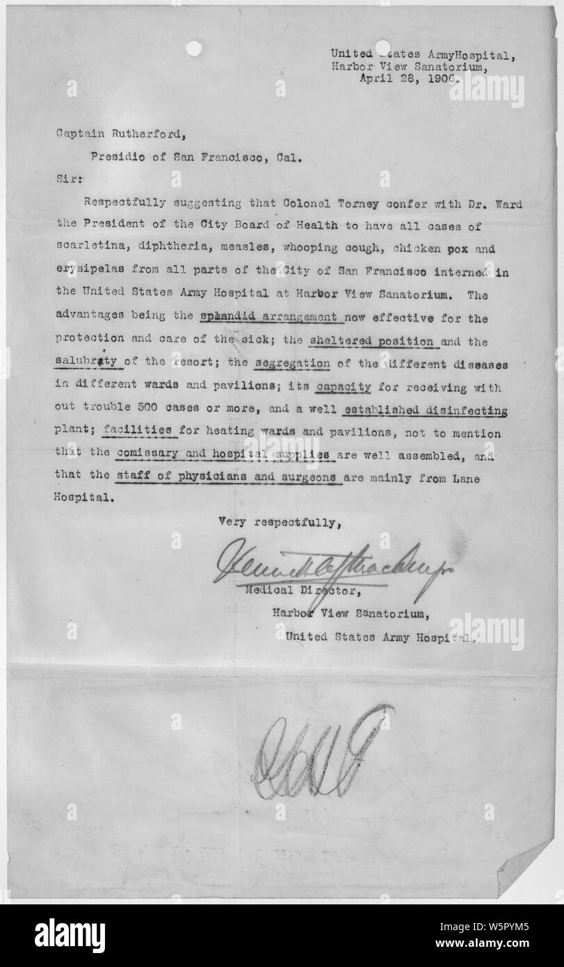 Lettre de Kenneth (W.A.) Mackenzie, Directeur médical, vue sur Port Sanitorium, United States Army Hospital, au capitaine Rutherford, Presidio de San Francisco, Californie ; Portée et contenu : Ce document s'applique à la réponse fédérale à la tremblement de terre de San Francisco de 1906 et l'incendie. Il a été créé à l'Harbour View Sanitorium une institution en vertu de la compétence de l'armée au cours de la période suivant le séisme. Banque D'Images