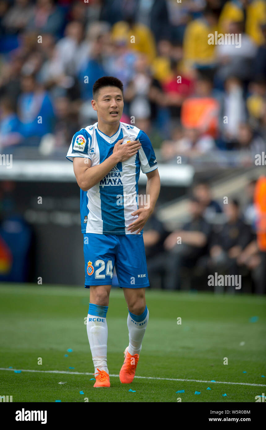 Wu Lei de RCD Espanyol célèbre après avoir marqué contre le Real Sociedad dans leur 38e match durant la saison 2018-2019 de la Liga à Barcelone, Spai Banque D'Images