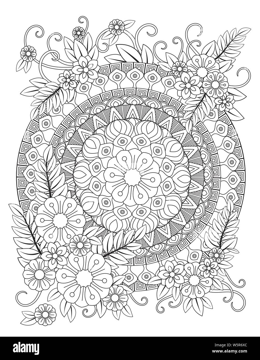 Motif floral mandala en noir et blanc. Livre de coloriage adultes page avec des fleurs et des mandalas. Motif Oriental, affiche des éléments décoratifs. Hand drawn vector illustration Illustration de Vecteur