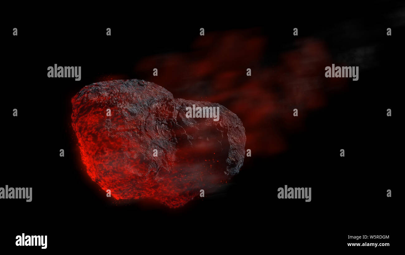 Meteor isolé sur fond noir, dans l'espace météorite rougeoyante Banque D'Images