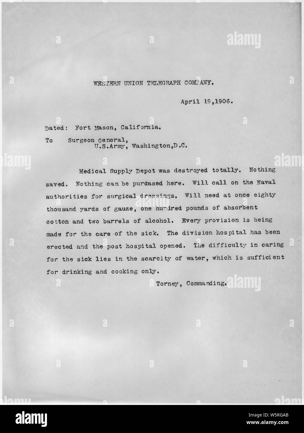 Note de Torney, commandant de Fort Mason, CA, US Army Surgeon General, Washington DC ; Portée et contenu : Ce document s'applique à la réponse fédérale à la tremblement de terre de San Francisco de 1906 et l'incendie. Banque D'Images