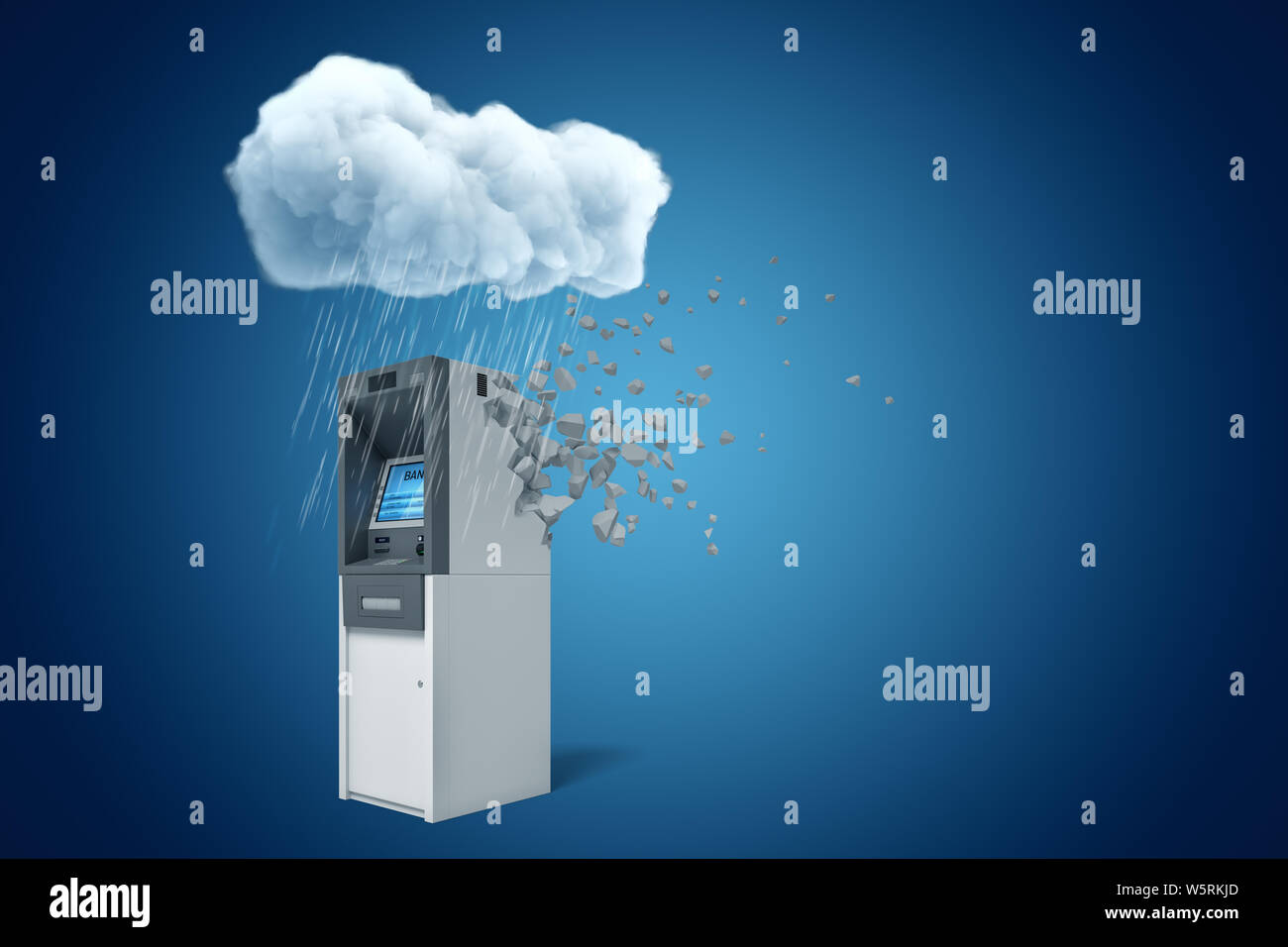 Le rendu 3D de blanc gris nuage au-dessus des pluies ATM machine l'égrenage en morceaux sur fond bleu Banque D'Images