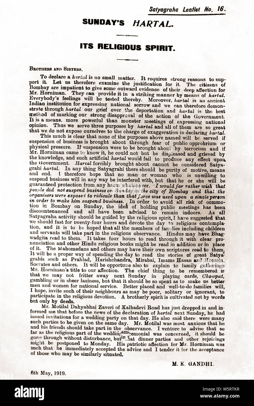 Le Satyagraha Notice no 16 intitulé l'Inde Maharashtra Mumbai Hartal Dimanche 6 Mai 1919 Asie Banque D'Images