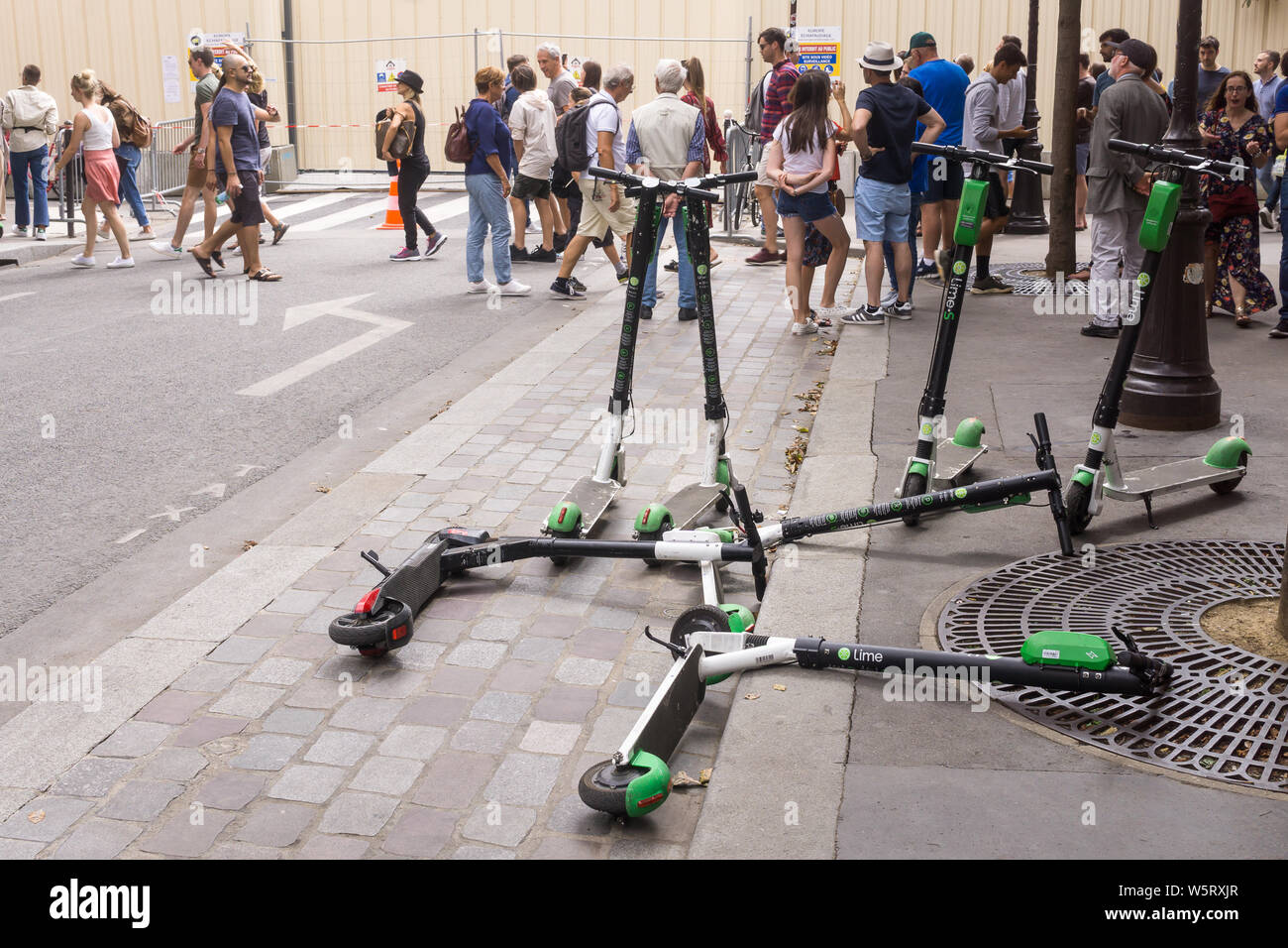 Paris e-scooters - scooters électriques sur le sol à gauche dans une rue de Paris, France, Europe. Banque D'Images