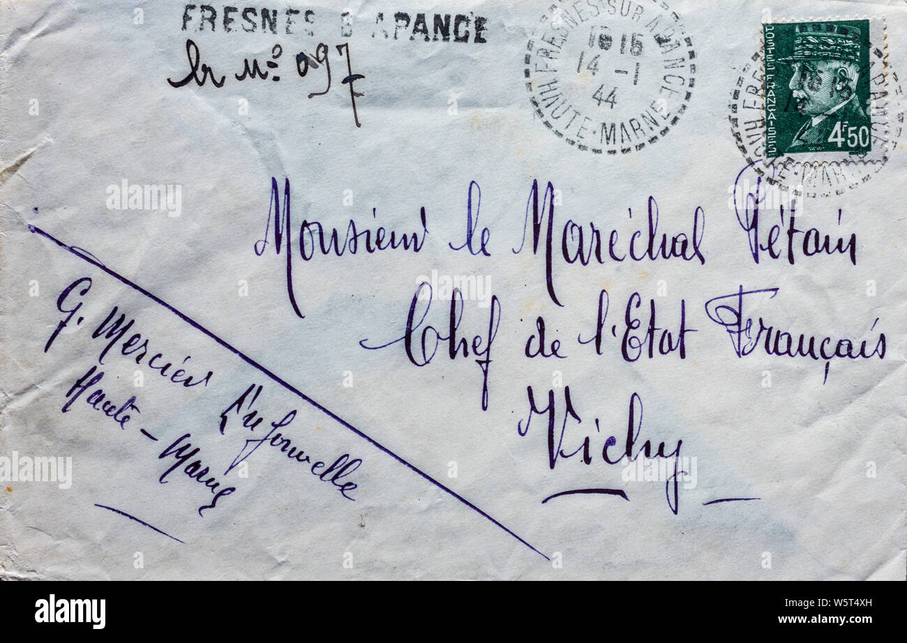 De guerre français lettre adressée à Maréchal Pétain à Vichy, avec un timbre Petain apposée - France. Banque D'Images