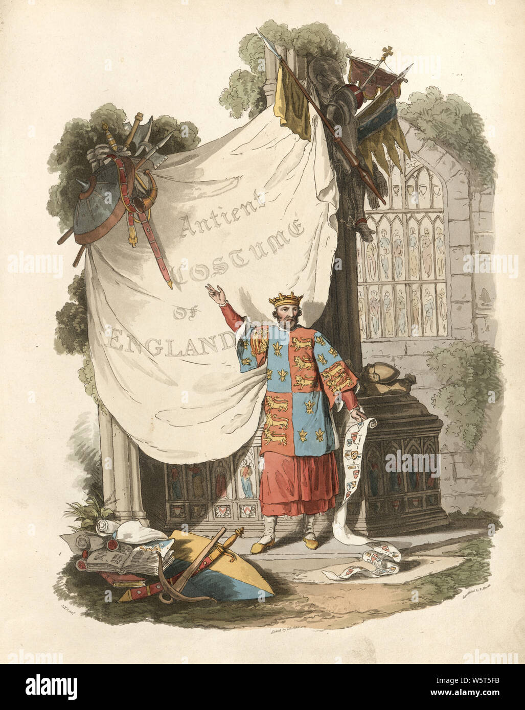 Page de titre d'anciens Costumes d'Angleterre, roi médiéval staning en face d'une tombe en montrant une bannière Banque D'Images