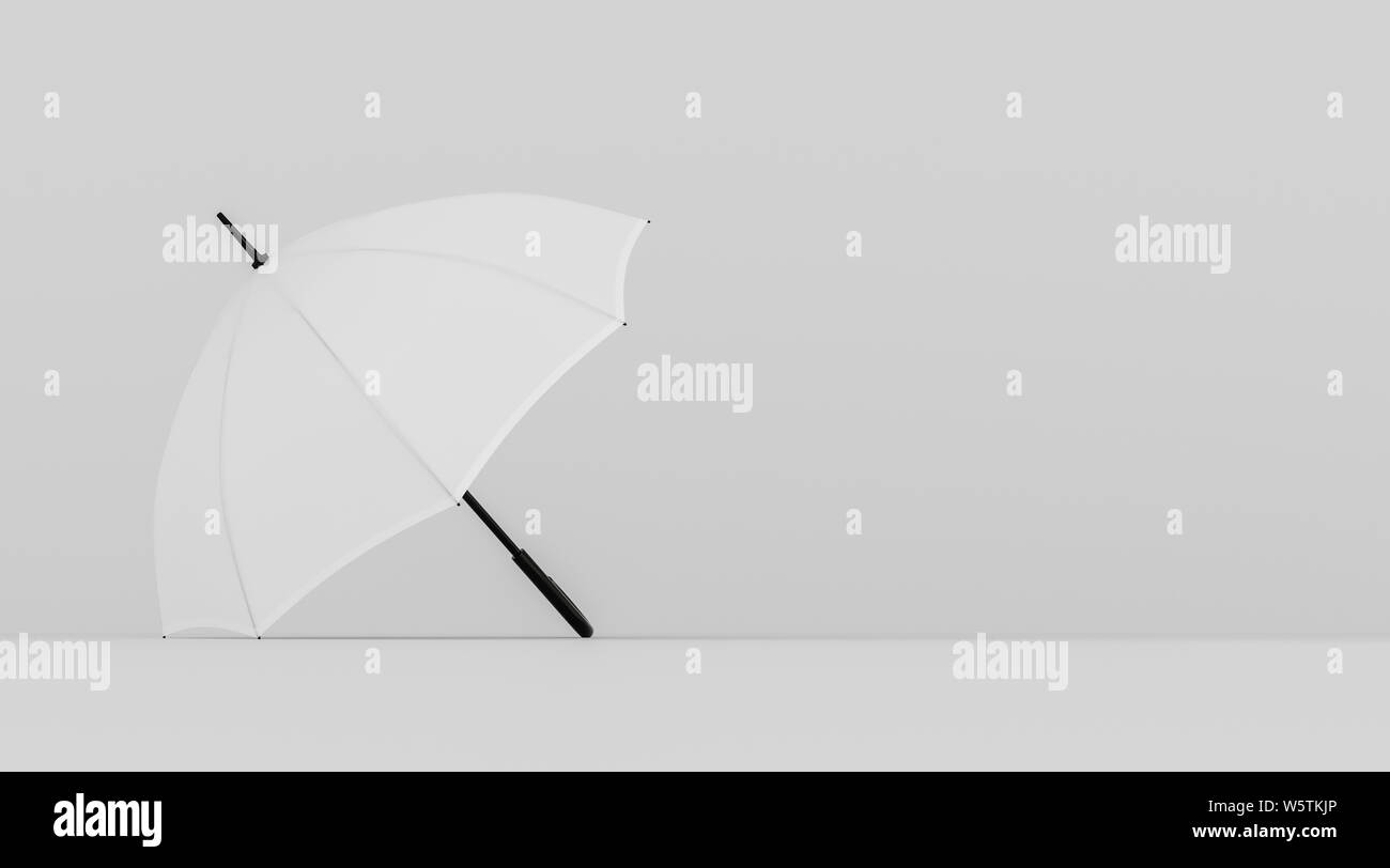 Parapluie ouvert blanc sur fond gris clair, copy space, contraste élevé, billboard verticale affiche, rendu 3D, 3d illustration Banque D'Images