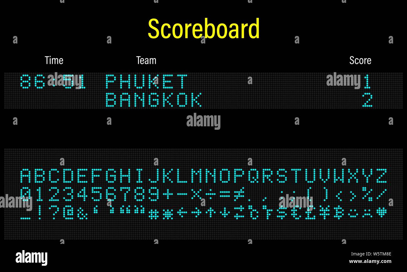 Electronics digital LED font, lettres, chiffres et symboles vector illustration pour panneau de l'aéroport, le train de l'information et des sports de bord - blue Illustration de Vecteur