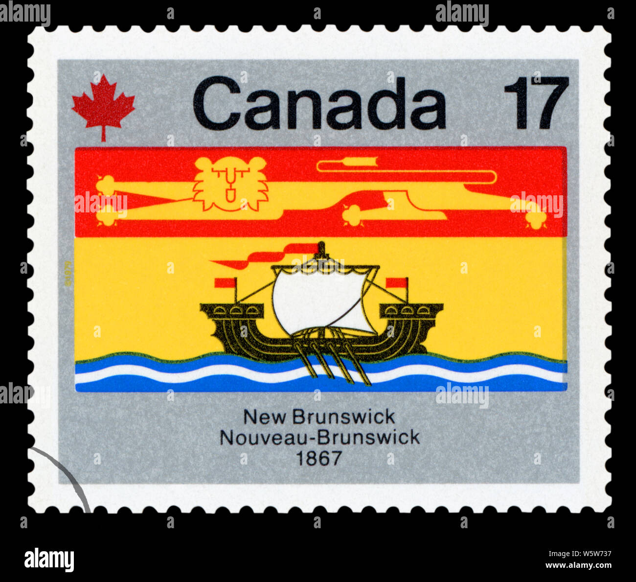 CANADA - circa 1979 : timbre imprimé au Canada à partir de la fête du Canada. Flags' question montre drapeau du Nouveau-Brunswick, vers 1979. Banque D'Images