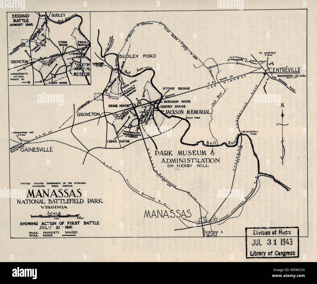 Cartes de la guerre civile 0598 Manassas National Battlefield Park Virginie montrant l'action de première bataille 21 juillet 1861 reconstruire et réparer Banque D'Images