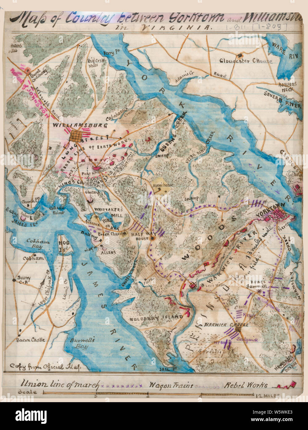 Cartes de la guerre civile 0695 Carte des pays entre Yorktown et Williamsburg en Virginie, reconstruire et réparer Banque D'Images