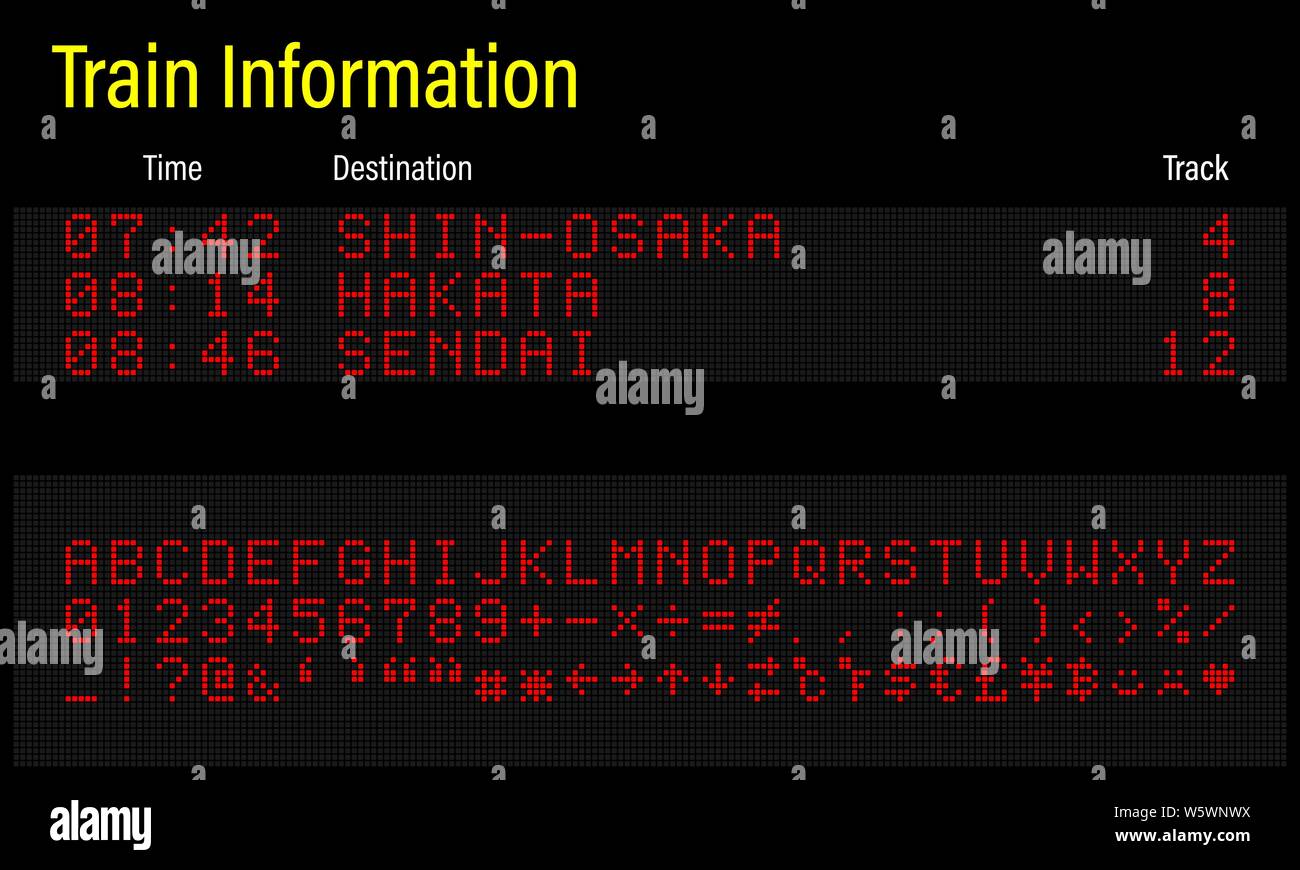 Electronics digital LED font, lettres, chiffres et symboles vector illustration pour panneau de l'aéroport, le train de l'information et des sports de bord Illustration de Vecteur