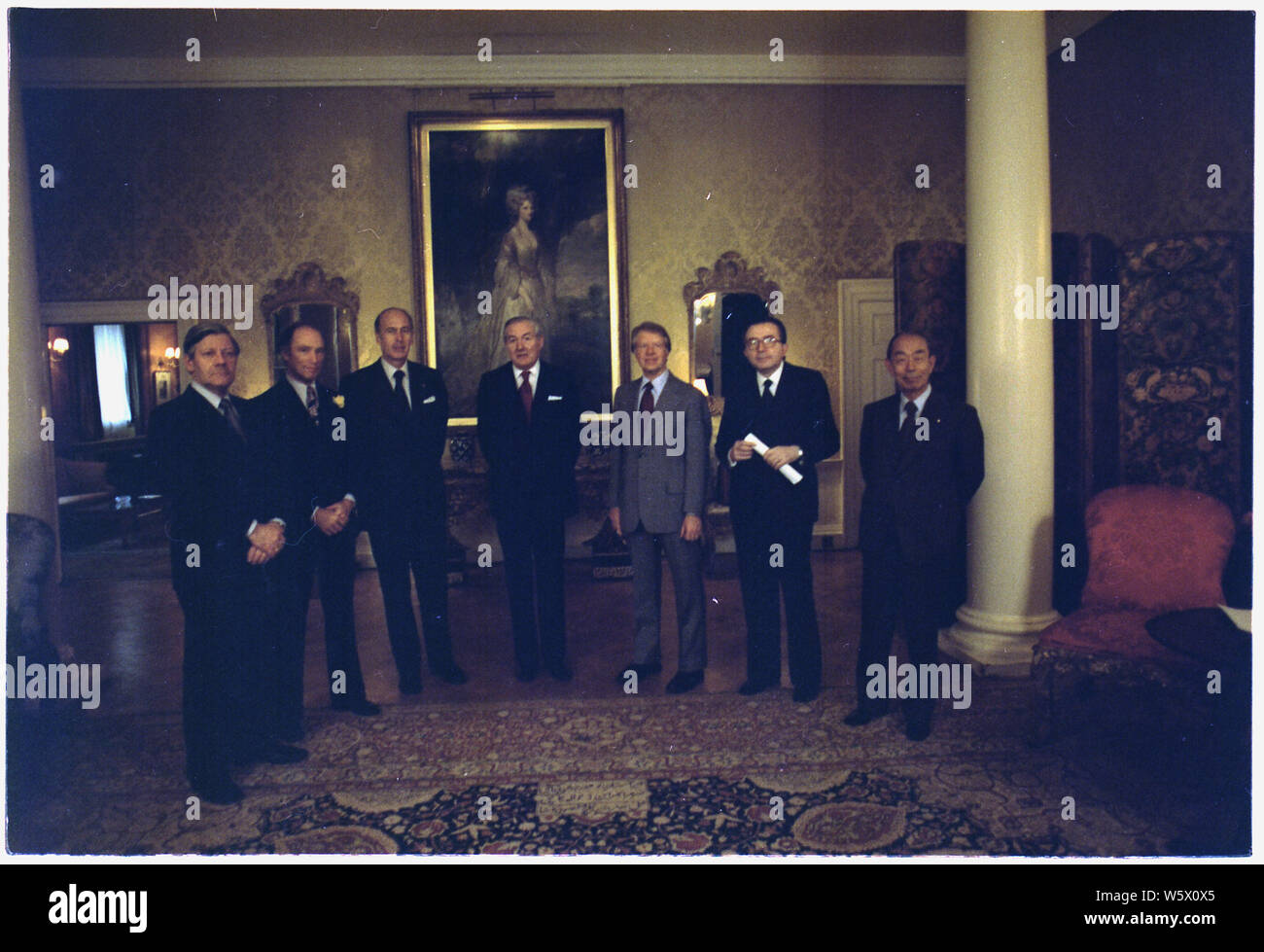 Portrait des dirigeants du G7, Helmut Schmidt, Pierre Trudeau, Valery Giscard d'Estaing, James Callaghan, Jimmy Carter, Giulio Andreotti et Takeo Fukuda. Banque D'Images