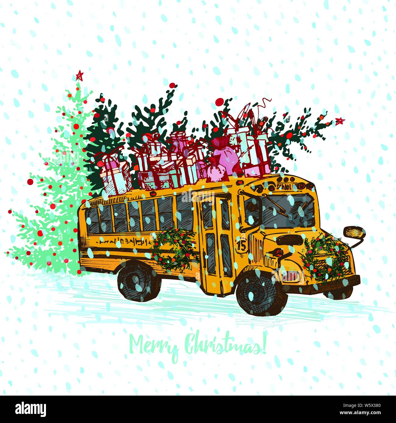 Carte de Noël festive. Autobus scolaire jaune avec boules rouges décorées de sapin et cadeaux sur le toit. Fond blanc et texte sans couture, neige. Merry Illustration de Vecteur