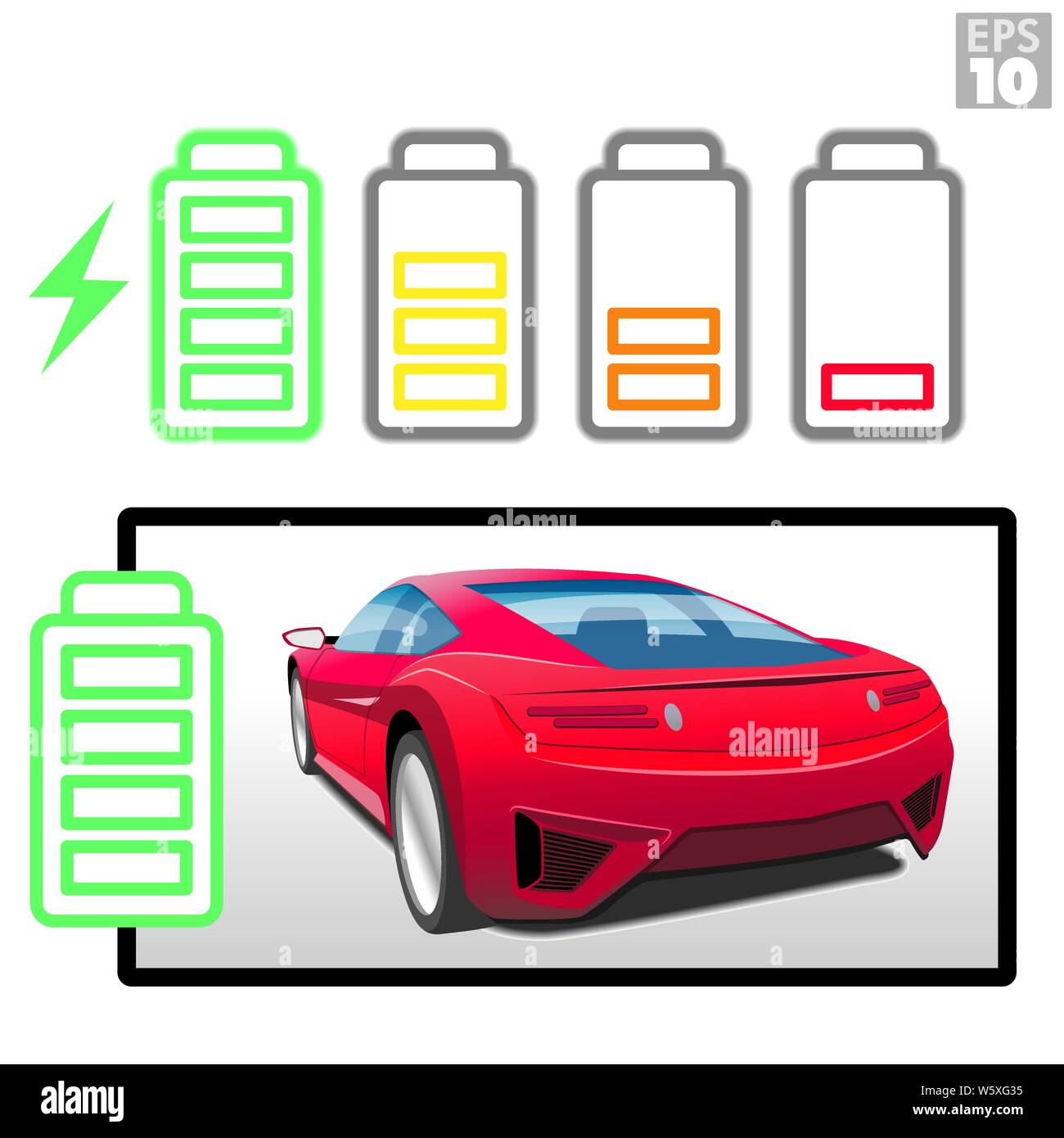 Une voiture de sport électrique rouge avec différentes icônes de niveau batterie rechargeable. Illustration de Vecteur