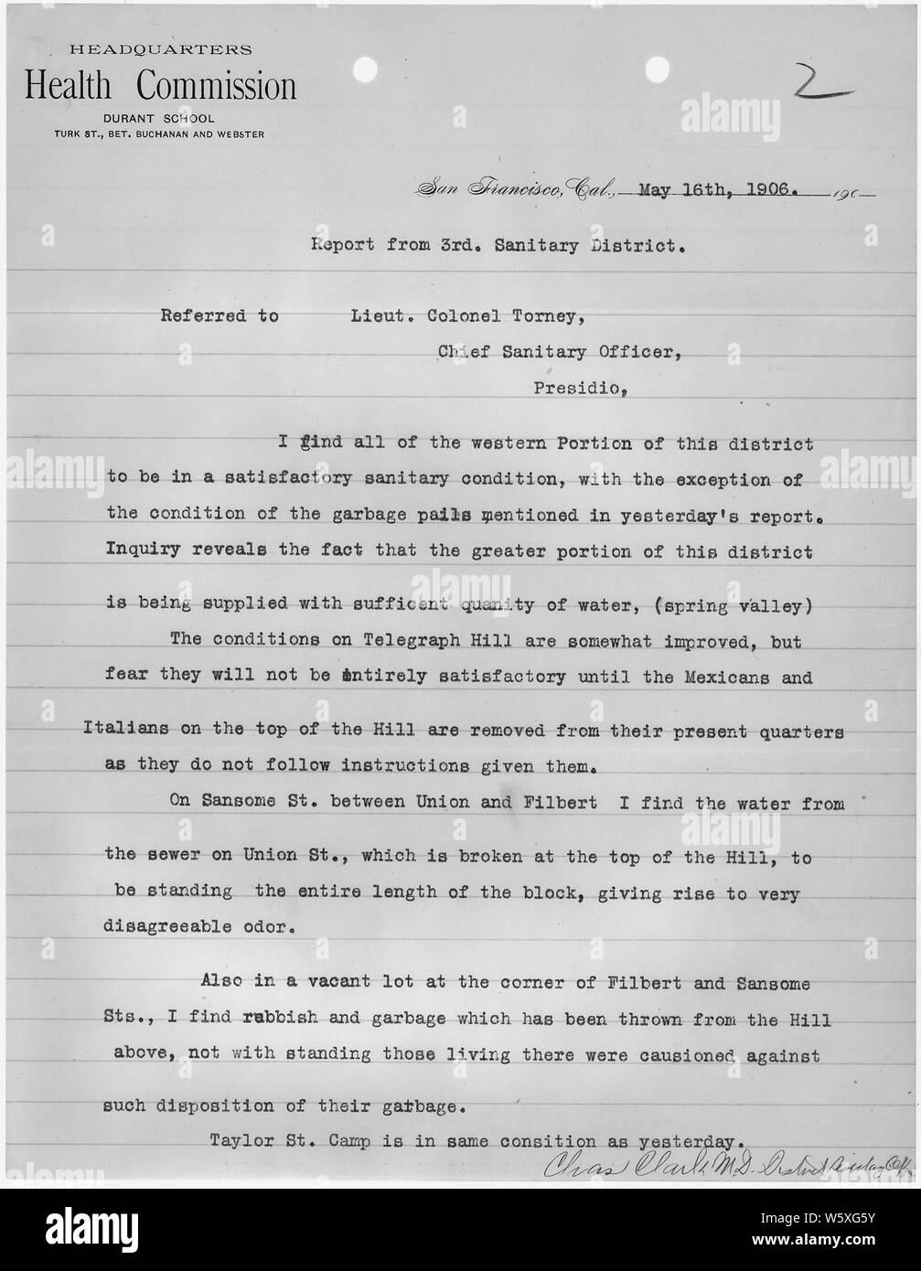Rapport du troisième district sanitaire, San Francisco par agent sanitaire de district Charles Clark, MD, visée à lieutenant-colonel Torney, chef de l'agent sanitaire, Presidio. ; la portée et contenu : Ce document s'applique à la réponse fédérale à la tremblement de terre de San Francisco de 1906 et l'incendie. Banque D'Images