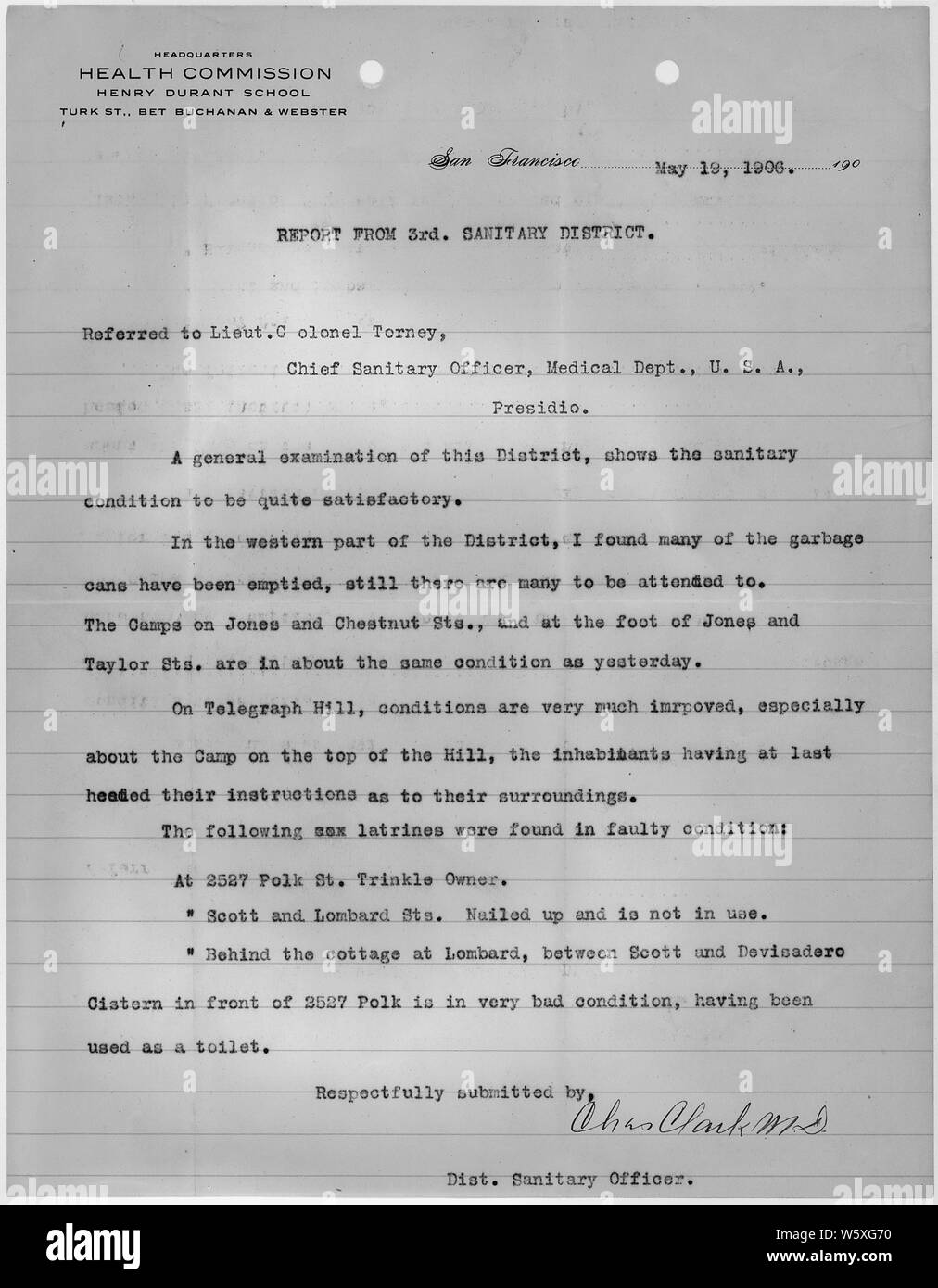 Rapport du troisième district sanitaire, San Francisco par agent sanitaire de district Charles Clark, MD, visée à lieutenant-colonel G.A. Torney, chef de l'agent sanitaire, médicale Dept (États-Unis), Presidio. ; la portée et contenu : Ce document s'applique à la réponse fédérale à la tremblement de terre de San Francisco de 1906 et l'incendie. Banque D'Images