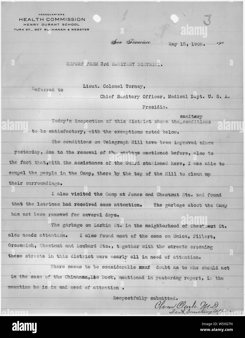 Rapport du troisième district sanitaire, San Francisco par agent sanitaire de district Charles Clark, MD, visée à lieutenant-colonel G.A. Torney, chef de l'agent sanitaire, médicale Dept (États-Unis), Presidio. ; la portée et contenu : Ce document s'applique à la réponse fédérale à la tremblement de terre de San Francisco de 1906 et l'incendie. Banque D'Images