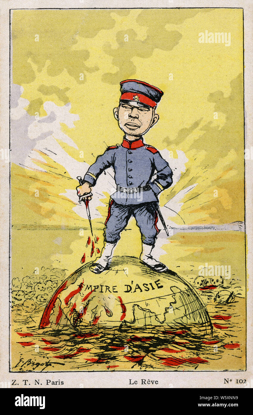 [ 1900s Japon - Illustration satirique de la guerre russo-japonaise ] — Illustration satirique de la guerre russo-japonaise (1904-1905). Un officier militaire japonais tenant une épée se tient au sommet d'un globe flottant dans une mer ensanglantée. Imprimé sur le globe est 'EMPIRE d'ASIE' (Empire asiatique). La carte est intitulée 'le Reve' (le rêve). Illustration de l'artiste et caricaturiste français Georges Bigot (1860-1927) publiée par Z.T.N. Paris. carte postale vintage du 20e siècle. Banque D'Images